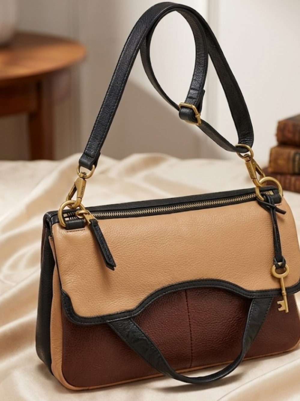 #F15 Fossil Erin Tri-Tone Fold-Over Leather Shoulder /Crossbody/Clutch Bag